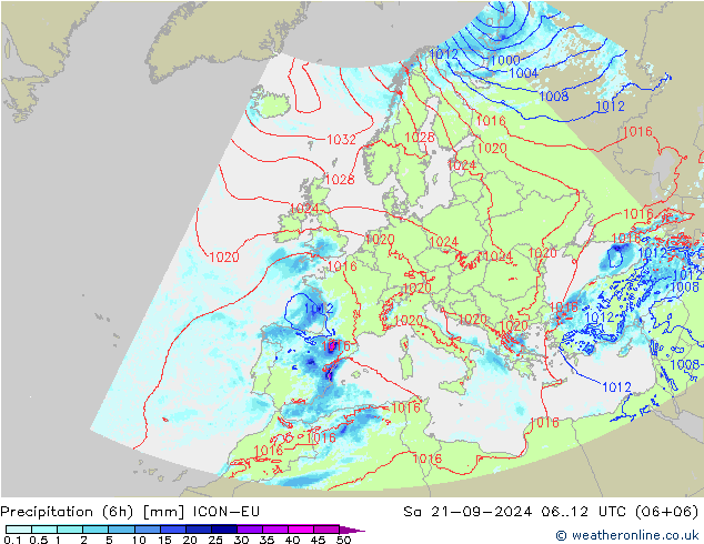 降水量 (6h) ICON-EU 星期六 21.09.2024 12 UTC