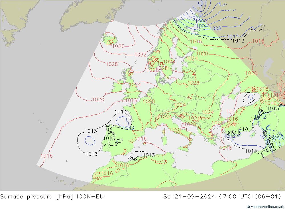 地面气压 ICON-EU 星期六 21.09.2024 07 UTC