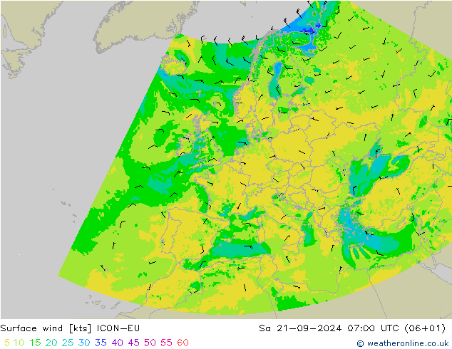 Bodenwind ICON-EU Sa 21.09.2024 07 UTC