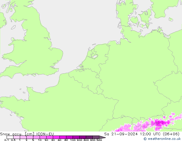 Глубина снега ICON-EU сб 21.09.2024 12 UTC