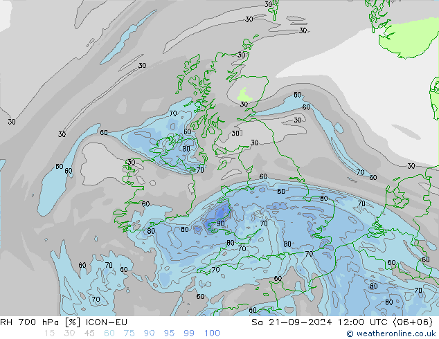 RH 700 hPa ICON-EU 星期六 21.09.2024 12 UTC