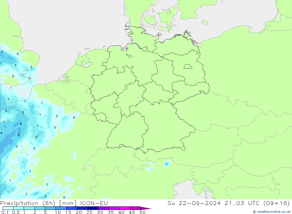 降水量 (6h) ICON-EU 星期日 22.09.2024 03 UTC