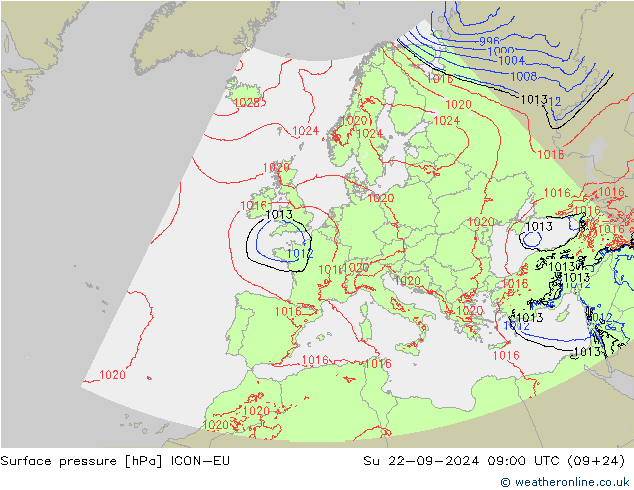 Presión superficial ICON-EU dom 22.09.2024 09 UTC