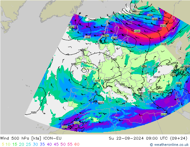 风 500 hPa ICON-EU 星期日 22.09.2024 09 UTC