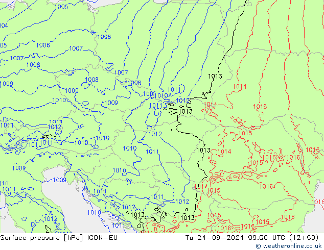 Surface pressure ICON-EU Tu 24.09.2024 09 UTC