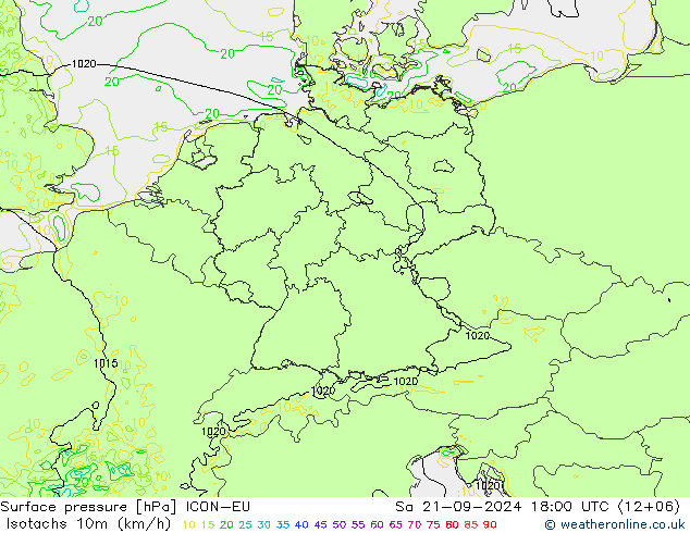 Isotachen (km/h) ICON-EU za 21.09.2024 18 UTC