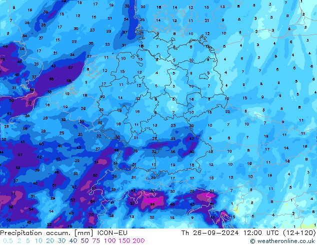 Precipitation accum. ICON-EU 星期四 26.09.2024 12 UTC