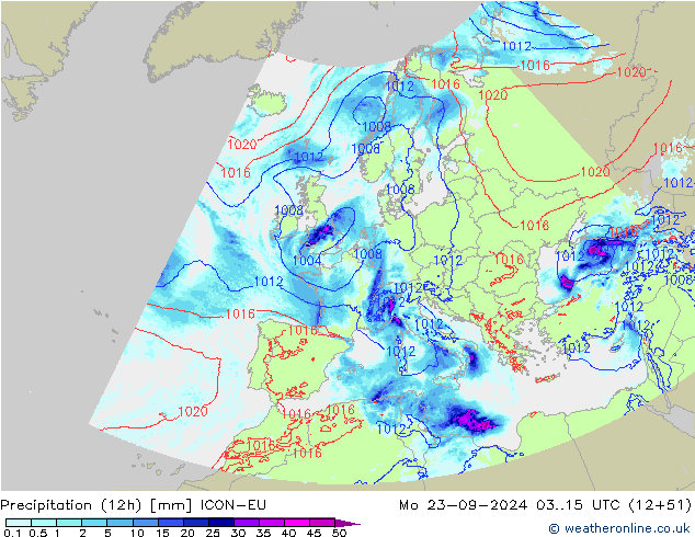 降水量 (12h) ICON-EU 星期一 23.09.2024 15 UTC