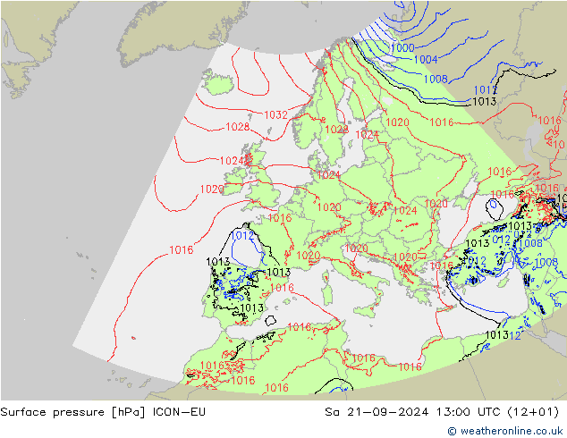 Surface pressure ICON-EU Sa 21.09.2024 13 UTC