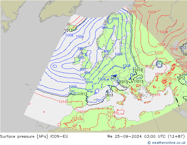 地面气压 ICON-EU 星期三 25.09.2024 03 UTC