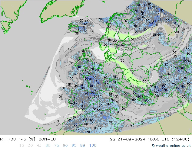 RH 700 hPa ICON-EU 星期六 21.09.2024 18 UTC