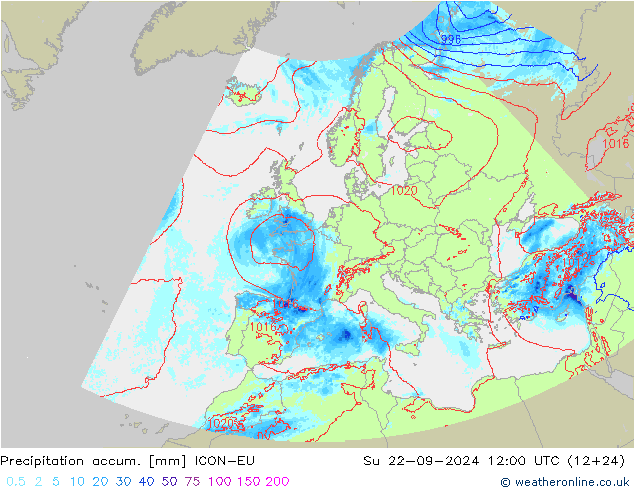 Precipitation accum. ICON-EU 星期日 22.09.2024 12 UTC