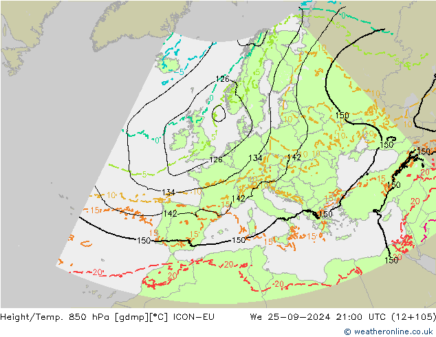 Height/Temp. 850 hPa ICON-EU 星期三 25.09.2024 21 UTC