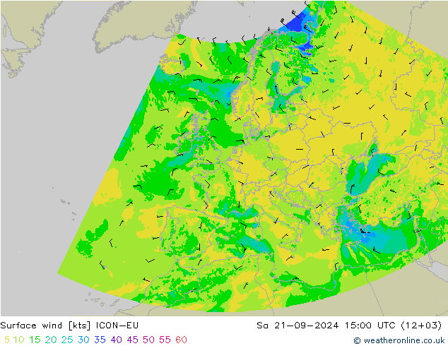 Viento 10 m ICON-EU sáb 21.09.2024 15 UTC