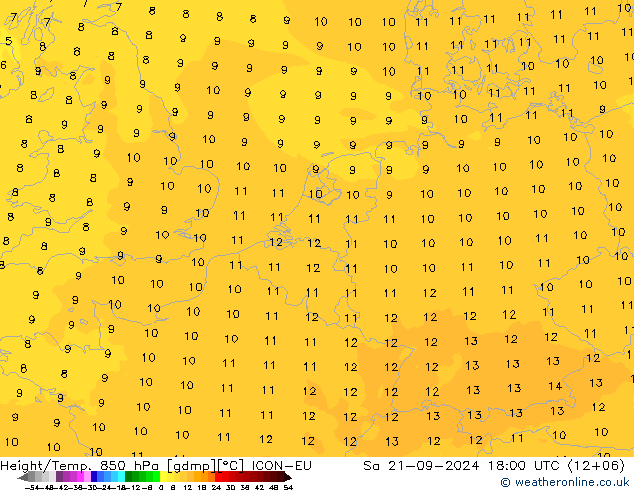 Height/Temp. 850 hPa ICON-EU 星期六 21.09.2024 18 UTC