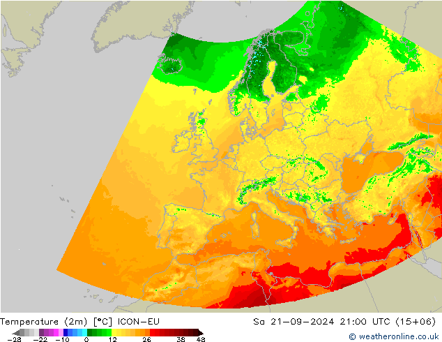 Temperatura (2m) ICON-EU sáb 21.09.2024 21 UTC