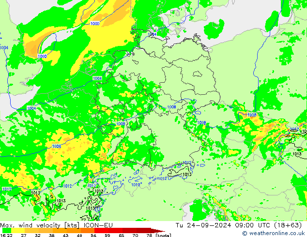 Max. wind velocity ICON-EU Tu 24.09.2024 09 UTC