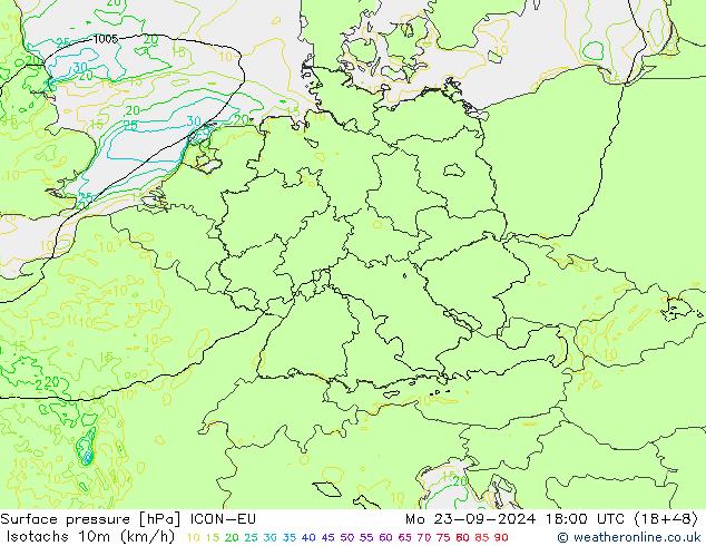 Isotachen (km/h) ICON-EU ma 23.09.2024 18 UTC