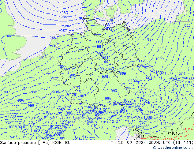 Atmosférický tlak ICON-EU Čt 26.09.2024 09 UTC