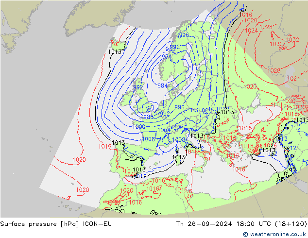 Surface pressure ICON-EU Th 26.09.2024 18 UTC