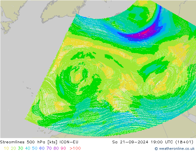 Línea de corriente 500 hPa ICON-EU sáb 21.09.2024 19 UTC