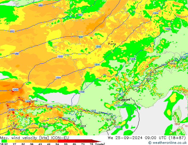 Max. wind snelheid ICON-EU wo 25.09.2024 09 UTC