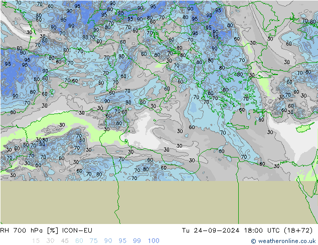 RH 700 hPa ICON-EU Tu 24.09.2024 18 UTC