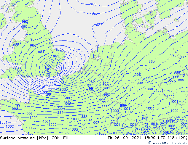 Surface pressure ICON-EU Th 26.09.2024 18 UTC