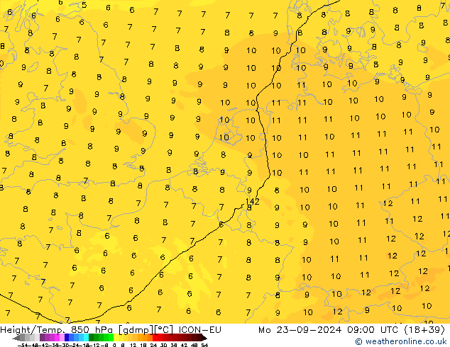 Height/Temp. 850 hPa ICON-EU Mo 23.09.2024 09 UTC