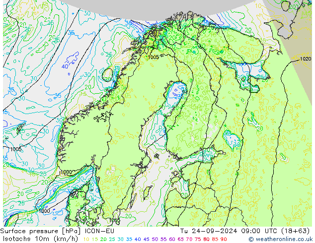 Isotachs (kph) ICON-EU Tu 24.09.2024 09 UTC