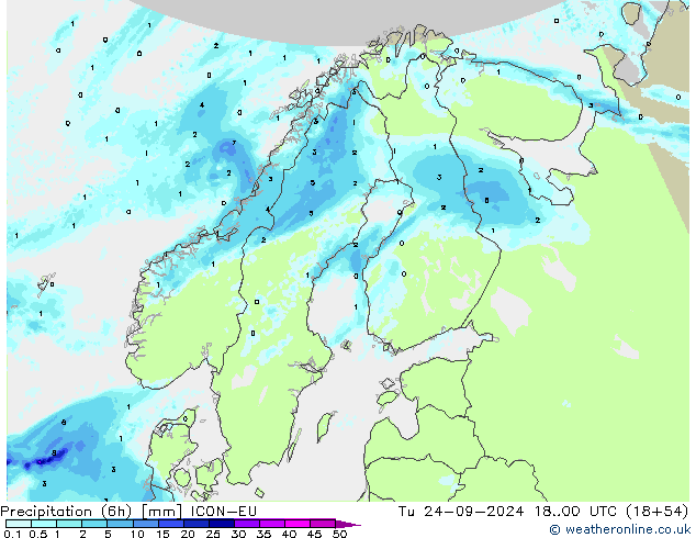 降水量 (6h) ICON-EU 星期二 24.09.2024 00 UTC