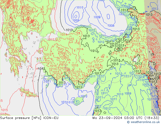 Surface pressure ICON-EU Mo 23.09.2024 03 UTC