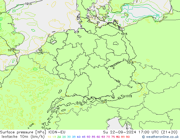 Isotachs (kph) ICON-EU Su 22.09.2024 17 UTC