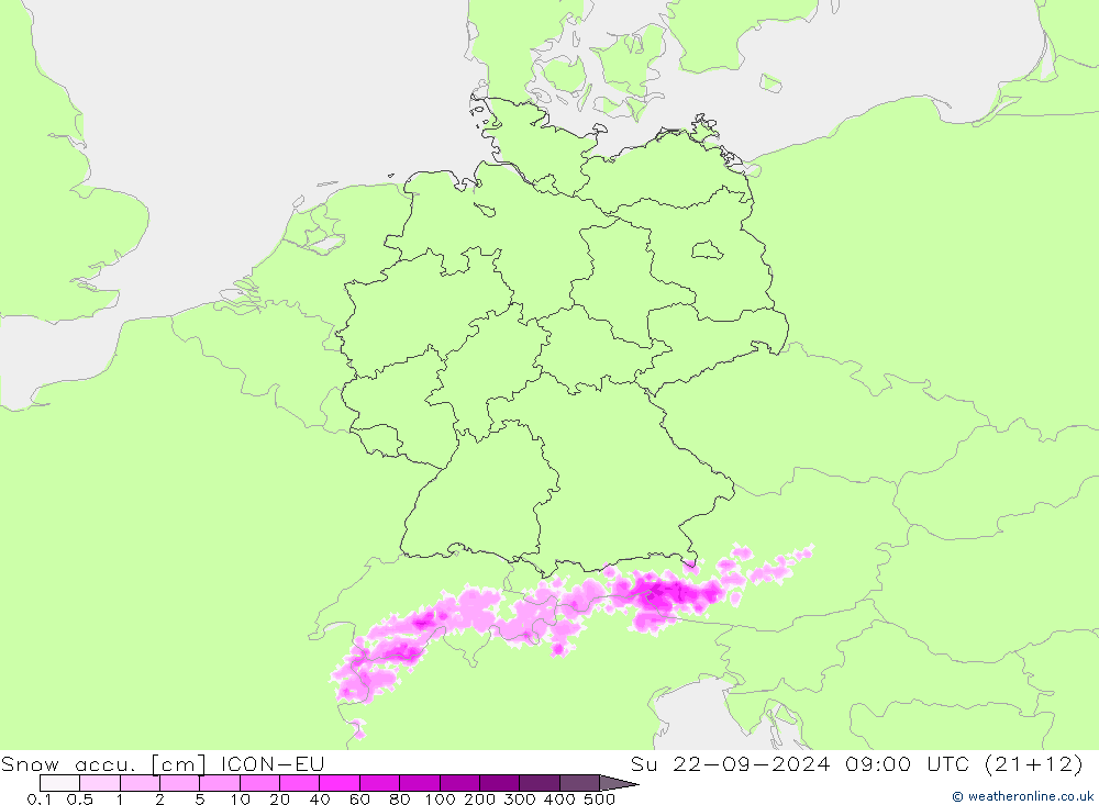 Snow accu. ICON-EU 星期日 22.09.2024 09 UTC