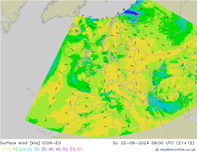 Surface wind ICON-EU Su 22.09.2024 09 UTC