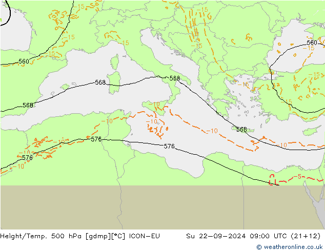 Hoogte/Temp. 500 hPa ICON-EU zo 22.09.2024 09 UTC