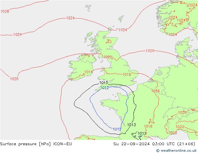 pressão do solo ICON-EU Dom 22.09.2024 03 UTC