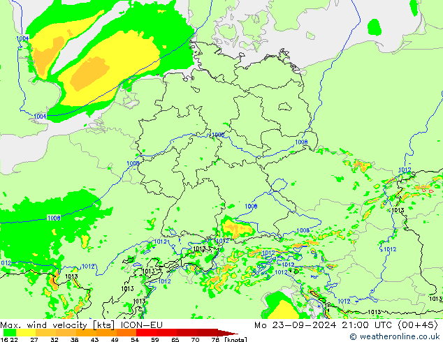 Max. wind velocity ICON-EU Po 23.09.2024 21 UTC