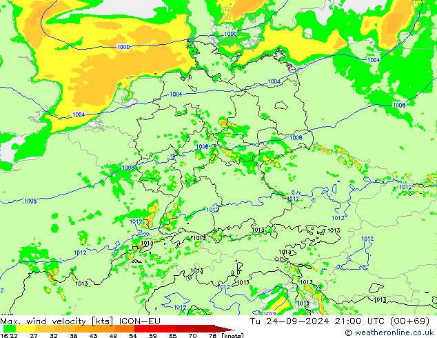 Max. wind velocity ICON-EU Tu 24.09.2024 21 UTC