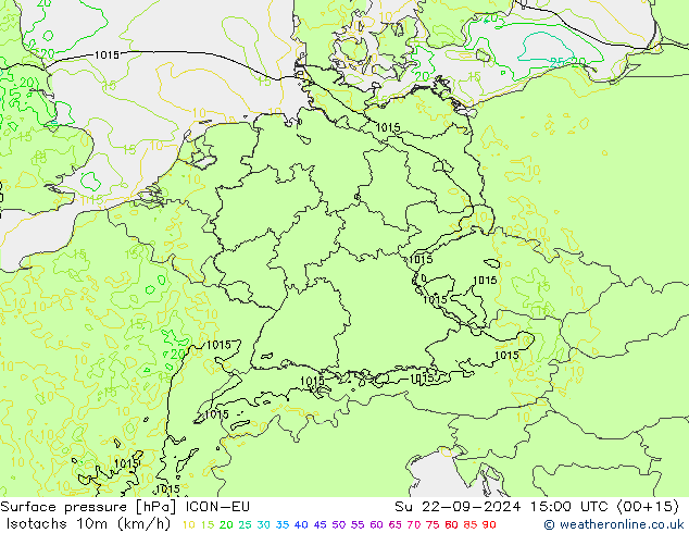 Isotachen (km/h) ICON-EU So 22.09.2024 15 UTC