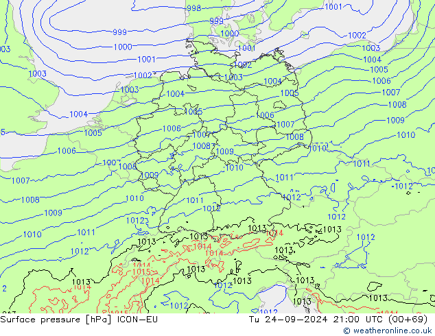 Surface pressure ICON-EU Tu 24.09.2024 21 UTC