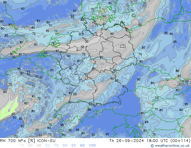 RH 700 hPa ICON-EU Th 26.09.2024 18 UTC