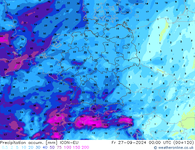 Precipitation accum. ICON-EU 星期五 27.09.2024 00 UTC