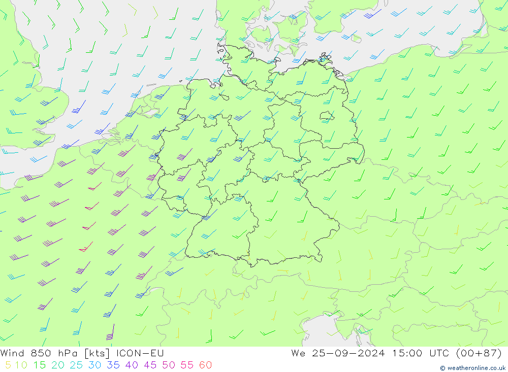 Vento 850 hPa ICON-EU Qua 25.09.2024 15 UTC