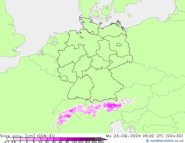 Snow accu. ICON-EU Seg 23.09.2024 06 UTC