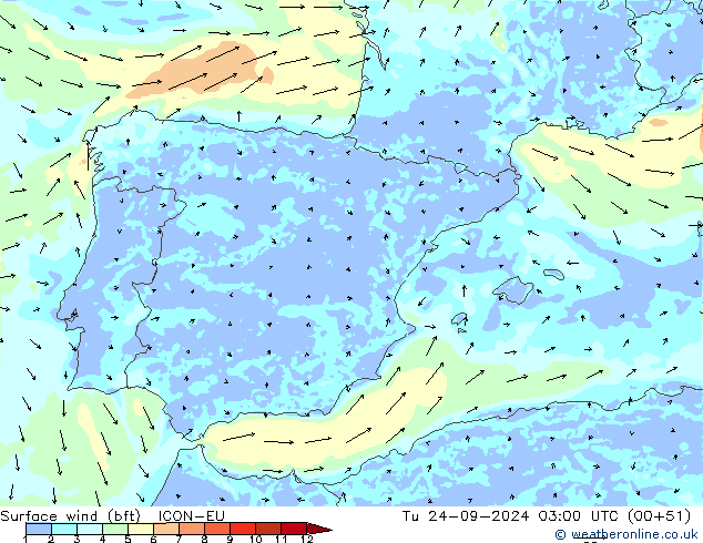 Surface wind (bft) ICON-EU Tu 24.09.2024 03 UTC