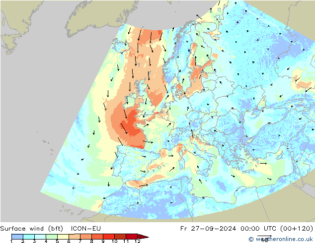 Bodenwind (bft) ICON-EU Fr 27.09.2024 00 UTC