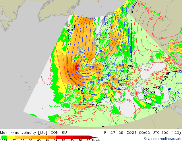 Max. wind snelheid ICON-EU vr 27.09.2024 00 UTC