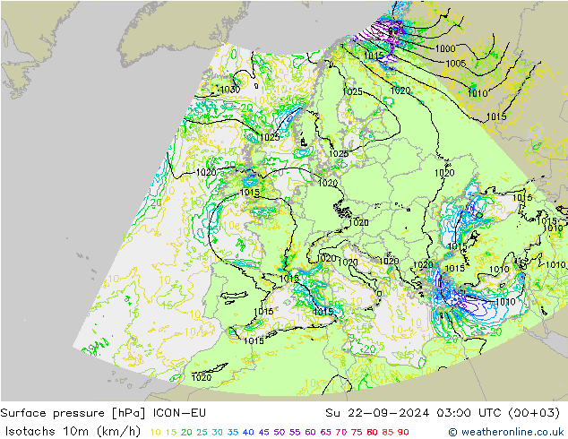 Eşrüzgar Hızları (km/sa) ICON-EU Paz 22.09.2024 03 UTC