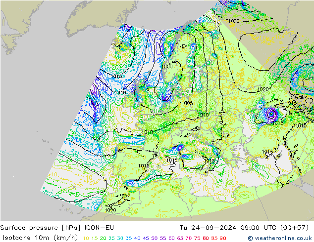 Isotachen (km/h) ICON-EU Di 24.09.2024 09 UTC